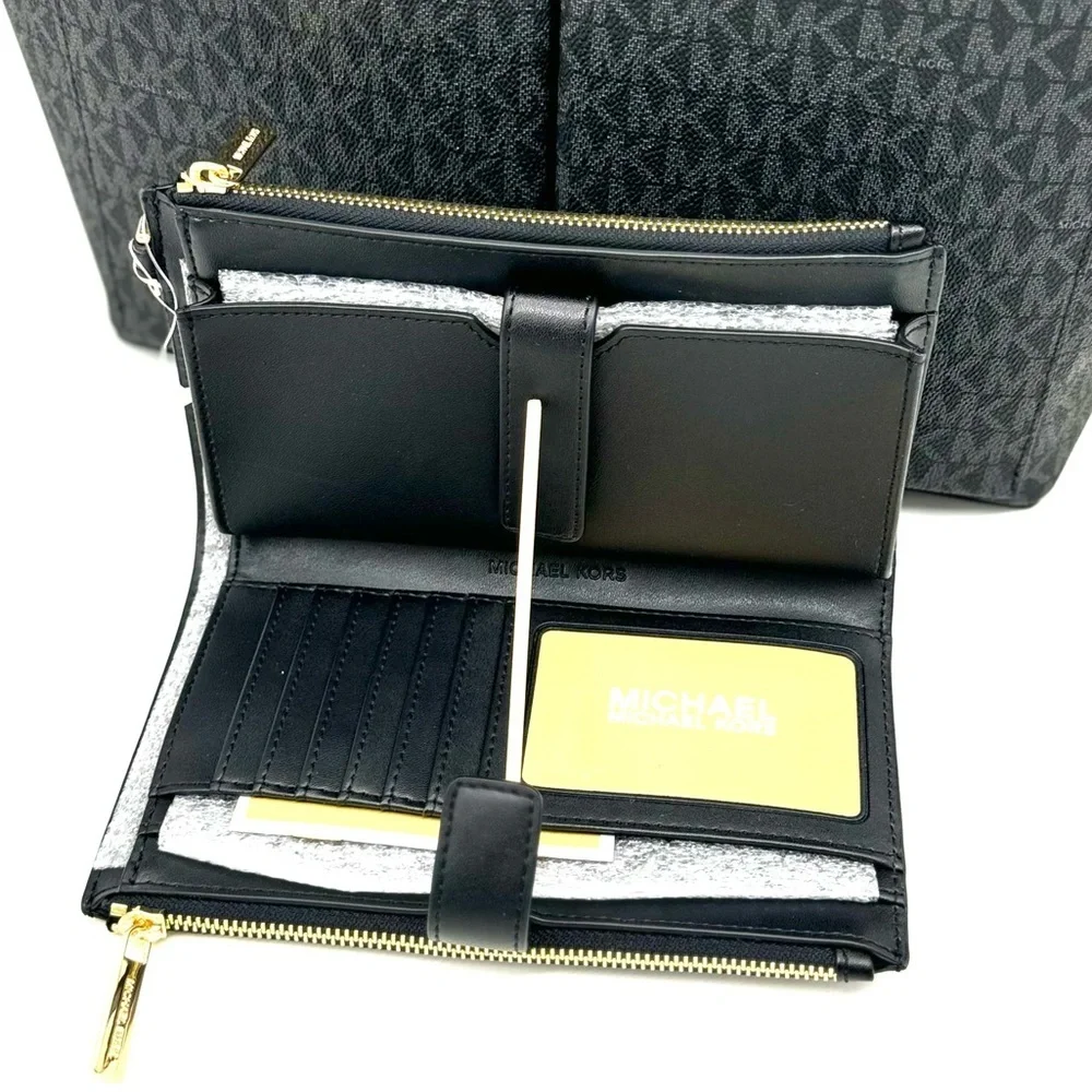 Michael Kors Jet Set Medium Pocket Tote Bag & Double Zip Wallet Black Multi